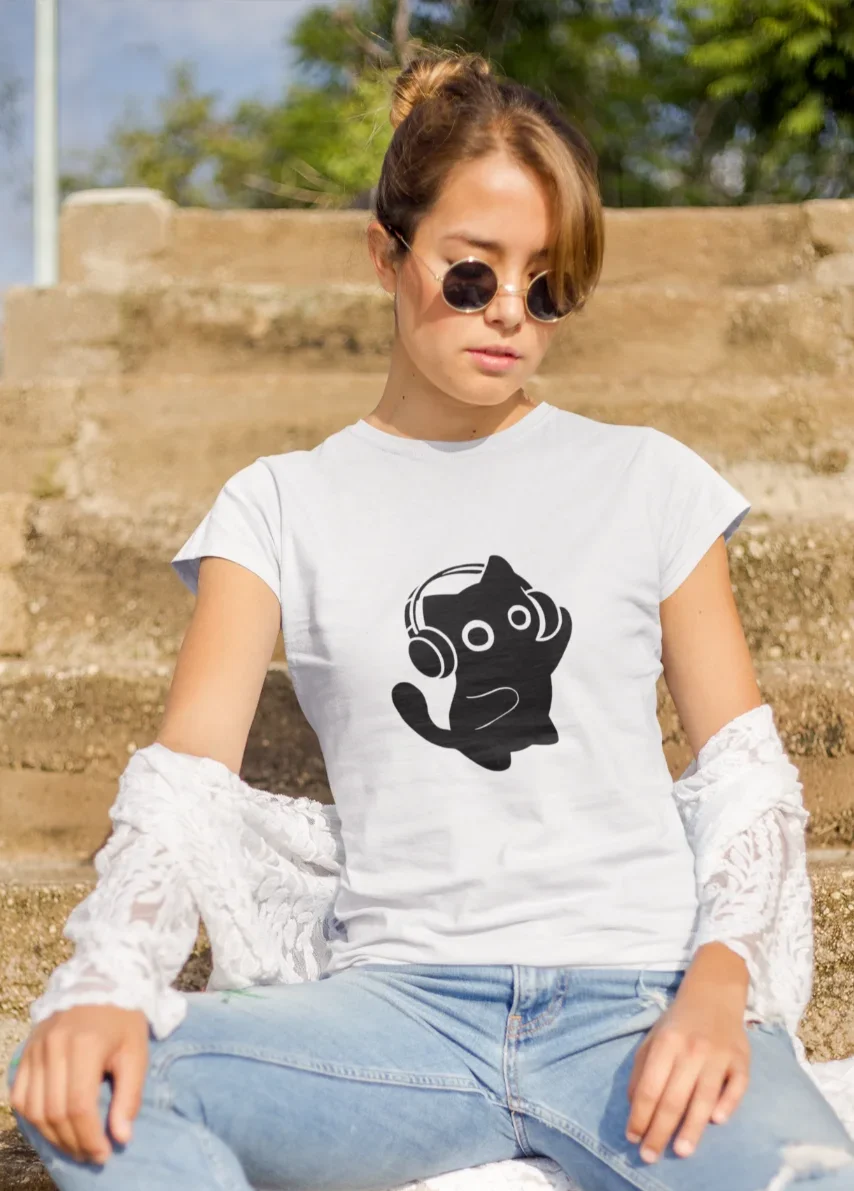 model wearing white t-shirt with black cat fun design