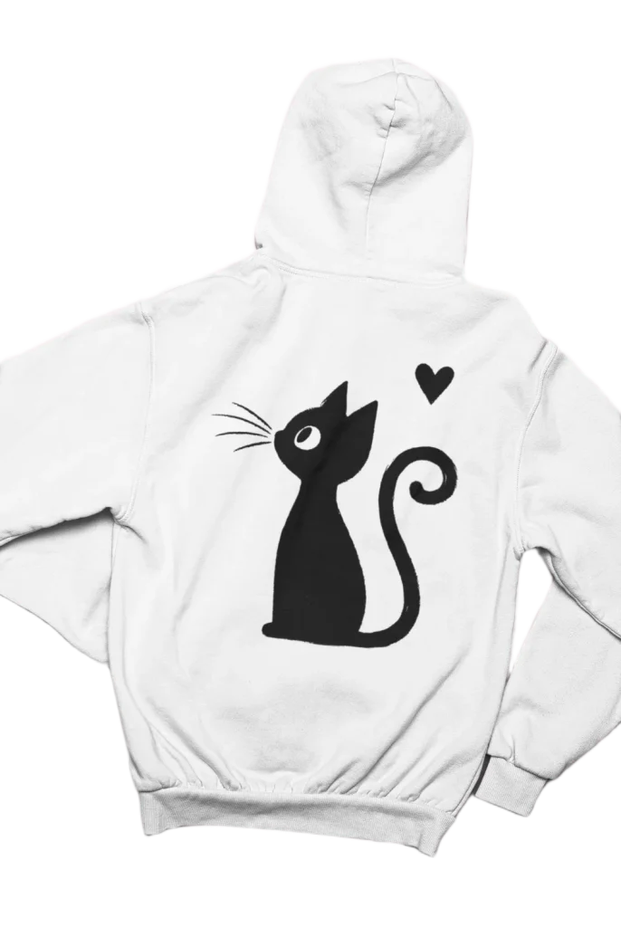 white hoodie with design for black cat lovers